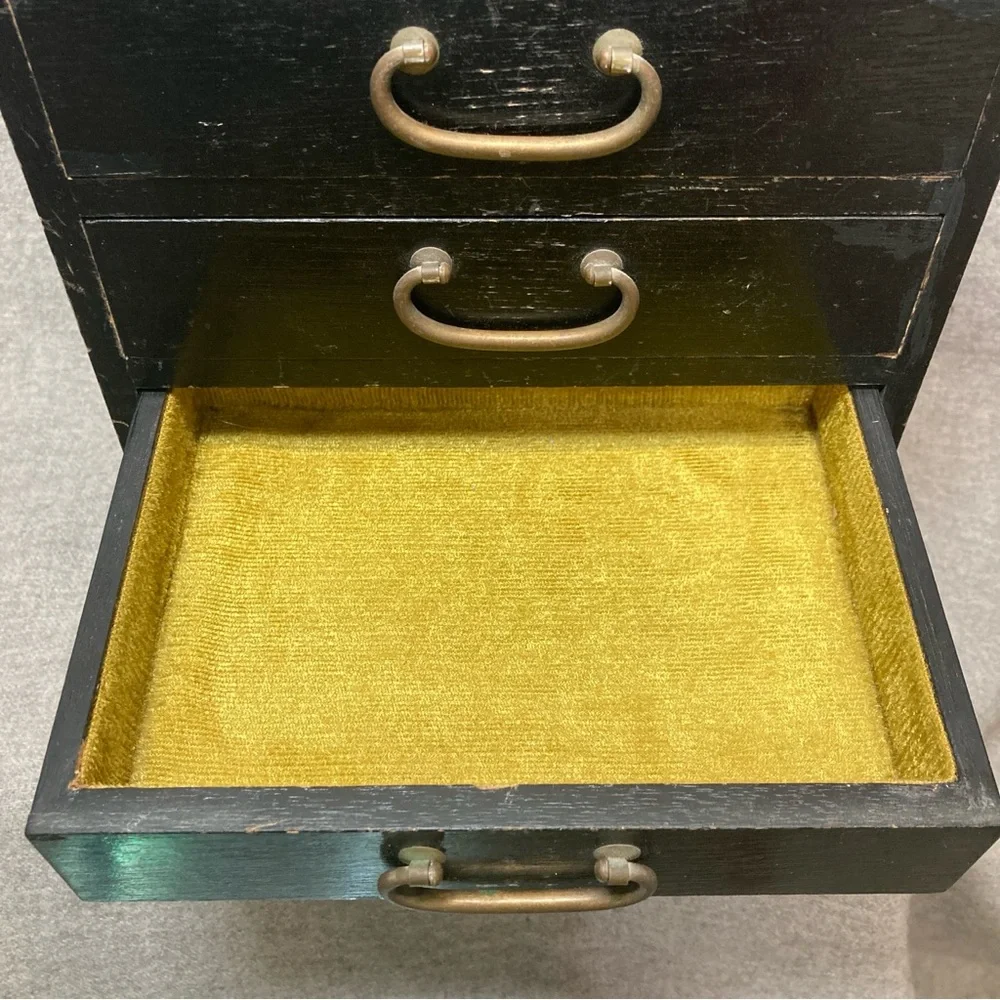 Vintage Japanese Tansu Jewelry Chest Box 4 Lined Drawers Antique Brass Hardware